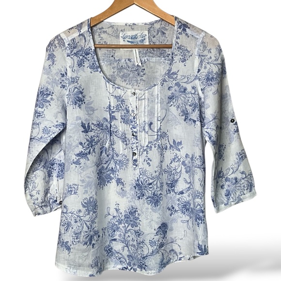 MARKS & SPENCER 100% Linen with Love White Blue 3/4 Roll Tab Sleeve Top Sz S - Picture 1 of 9